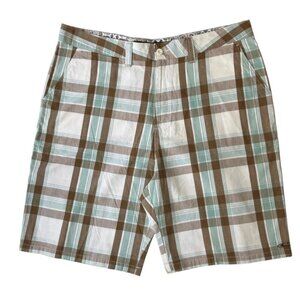 O'NEILL Plaid Walking Shorts Men's 38 Cotton White Brown Aqua Logo‎ Flat Front